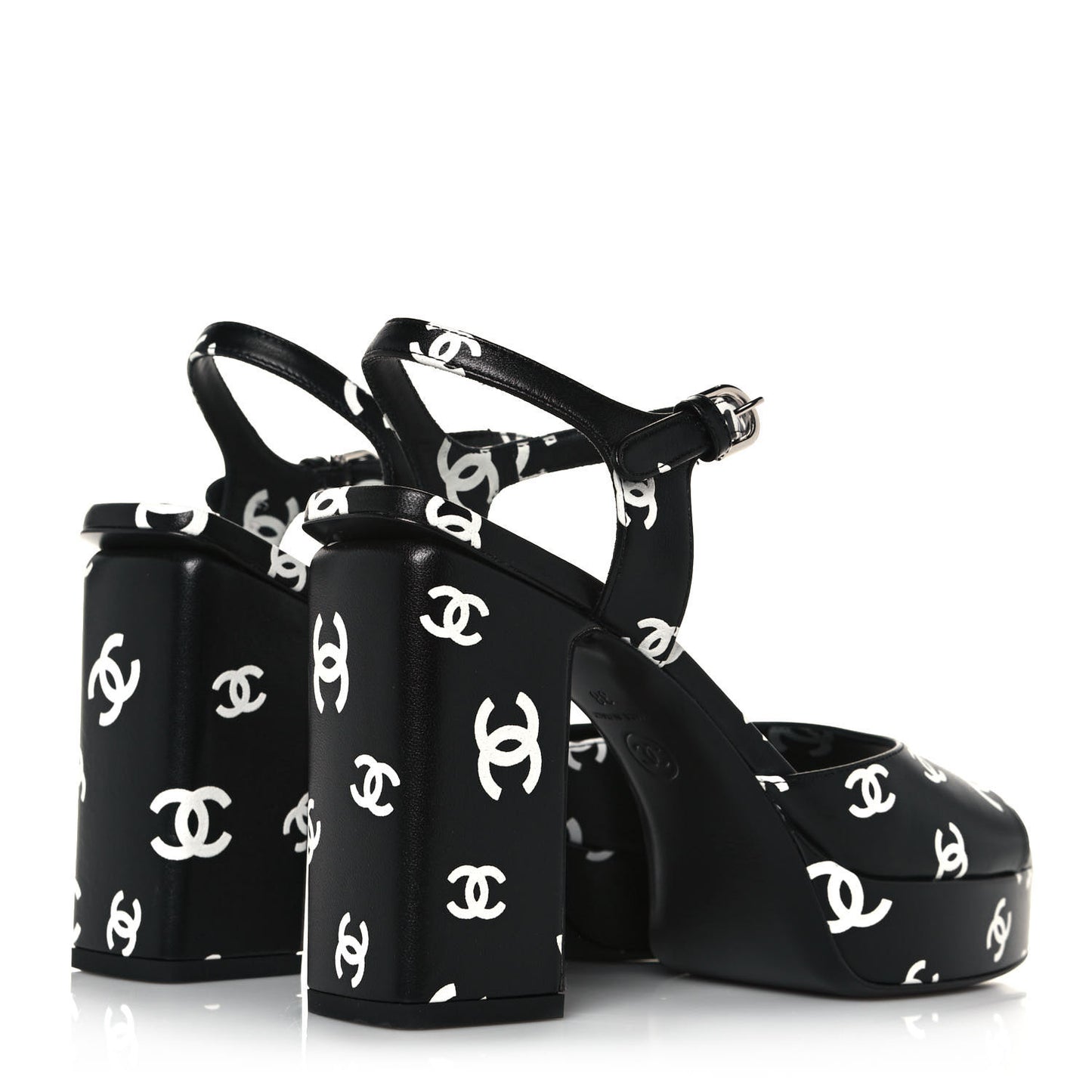 Printed Lambskin CC Platform Sandals 38 Black White