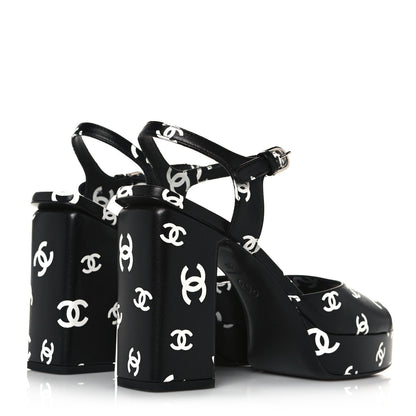 Chanel Printed Lambskin CC Platform Sandals 38 Black White 4 of 8