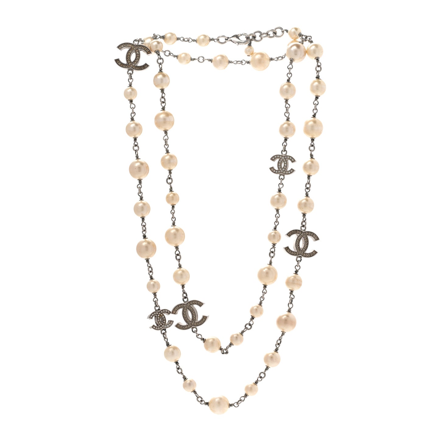Graduated Pearl Crystal CC Long Necklace Silver