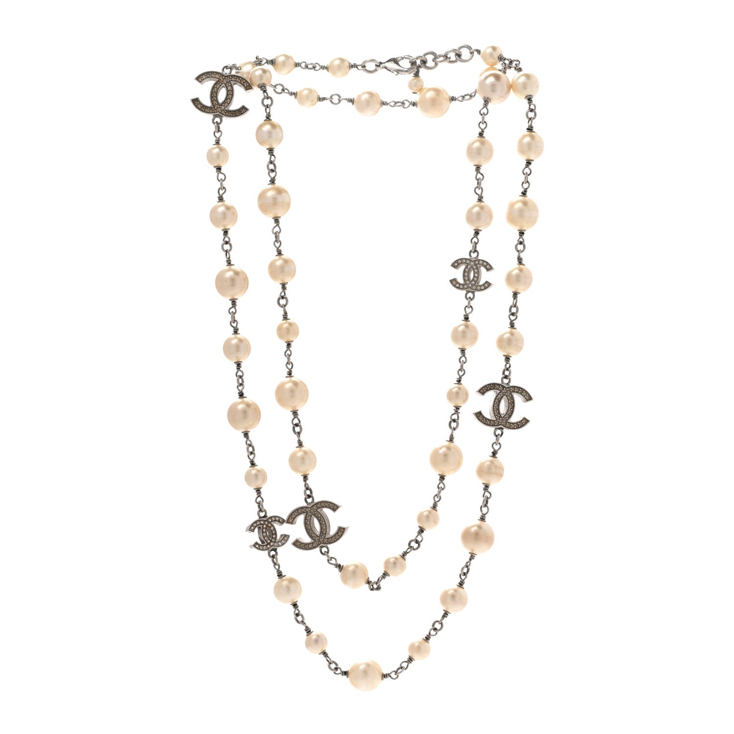 Chanel Graduated Pearl Crystal CC Long Necklace Silver 3 of 9