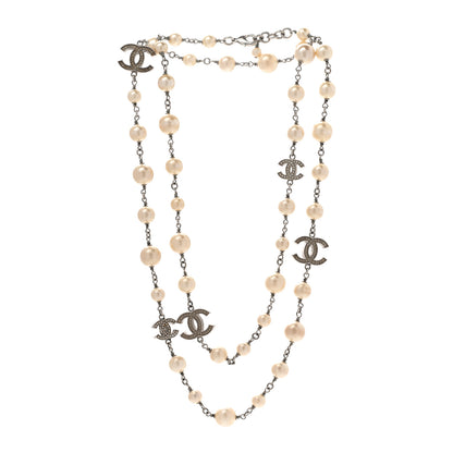 Chanel Graduated Pearl Crystal CC Long Necklace Silver 3 of 9