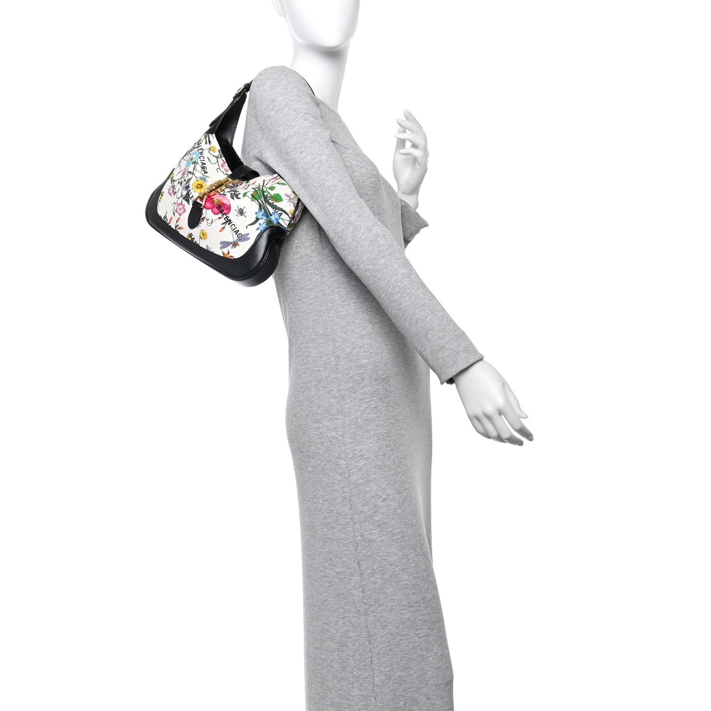 X BALENCIAGA Canvas Boarded Pluton Calfskin Flora Logo Print Small Jackie 1961 Hobo White Multicolor Black