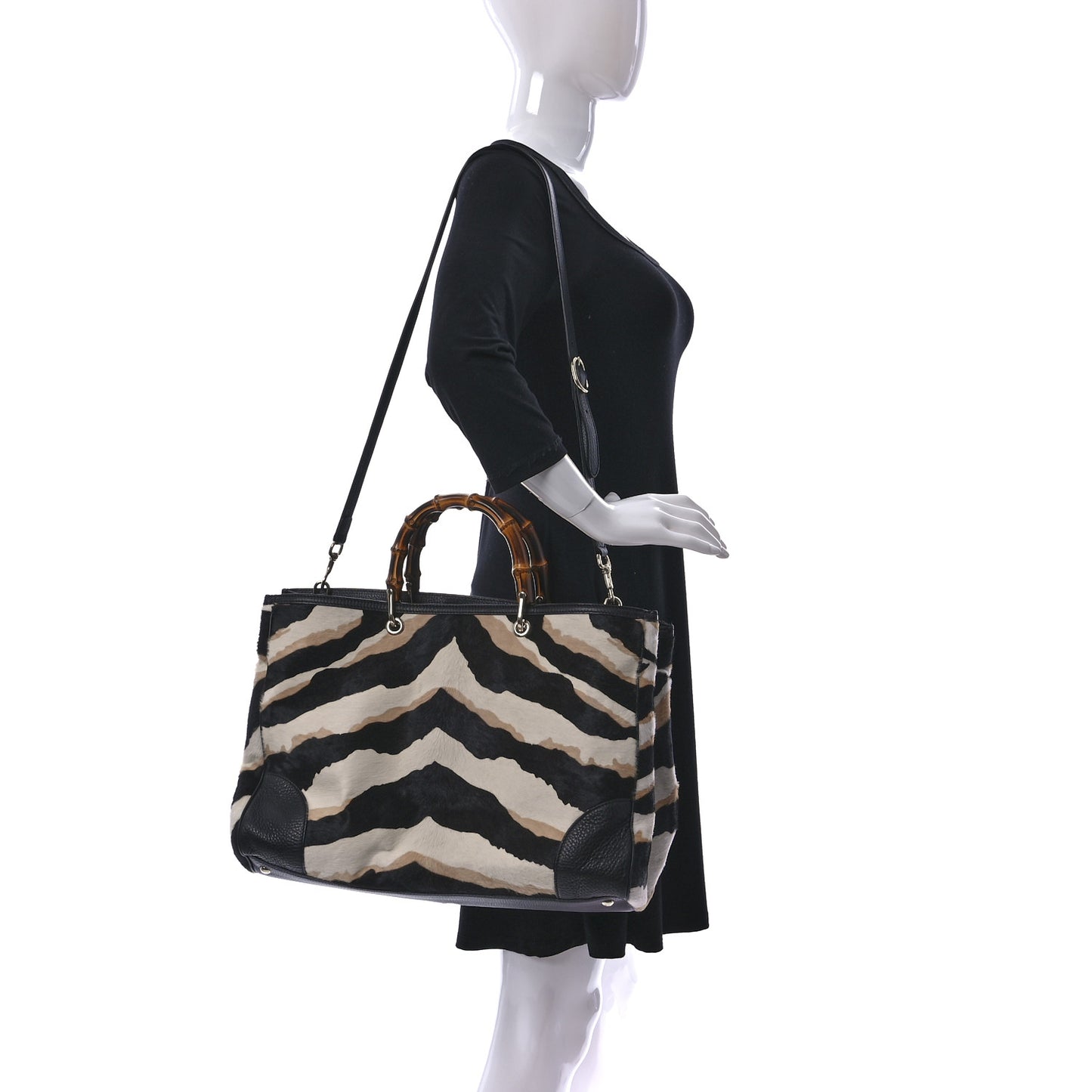 Calf Hair Zebra Print Large Bamboo Shopper Tote Black White