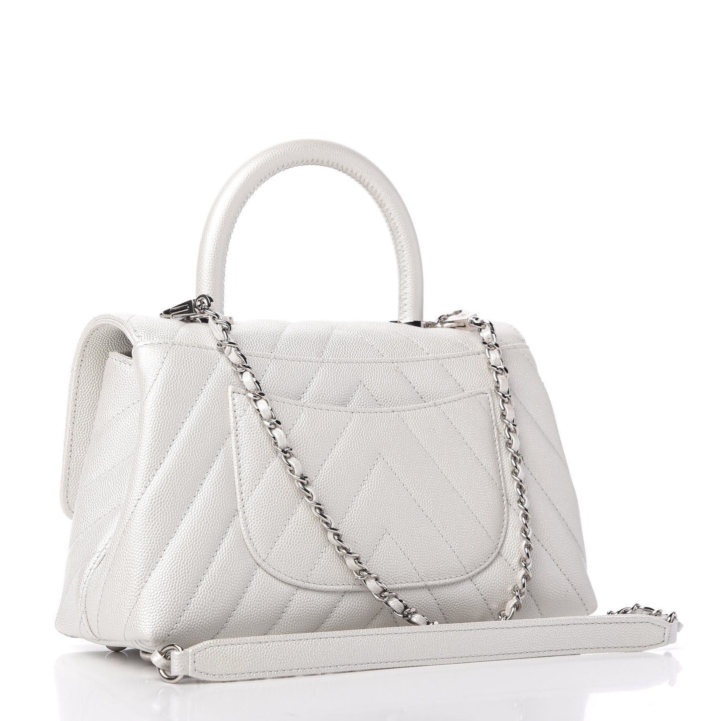 Iridescent Caviar Chevron Quilted Mini Coco Handle Flap White