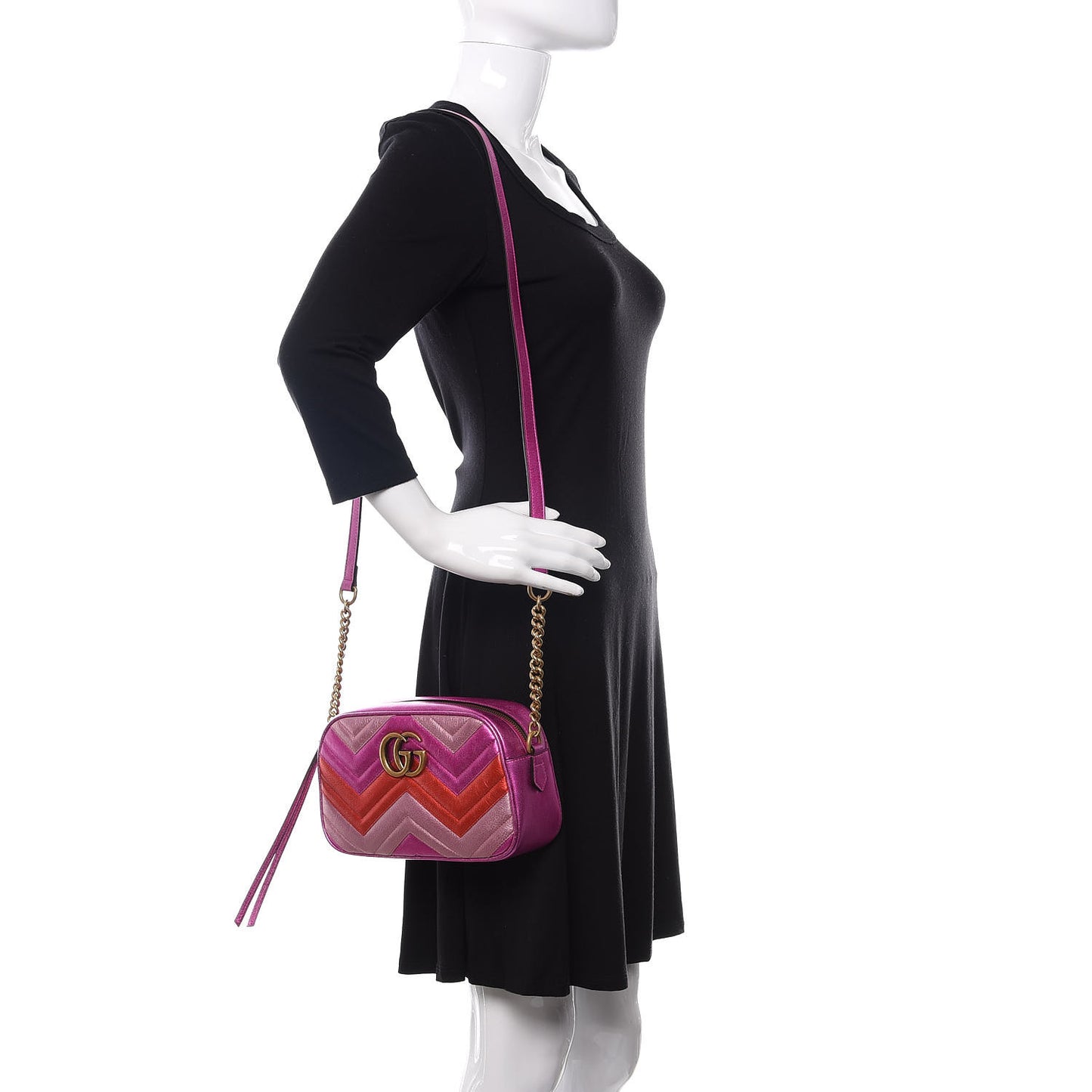 Laminated Nappa Matelasse Small GG Marmont Chain Shoulder Bag Fuxia Rosso Rosa