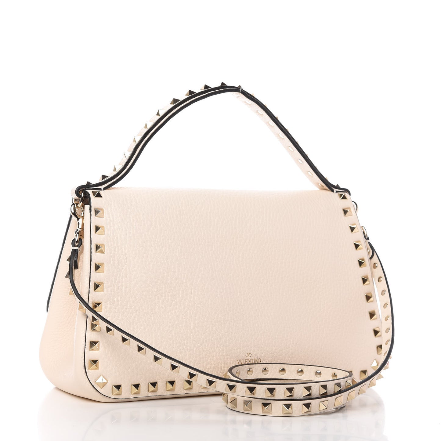 Grained Calfskin Large Rockstud Top Handle Flap Shoulder Bag Light Ivory