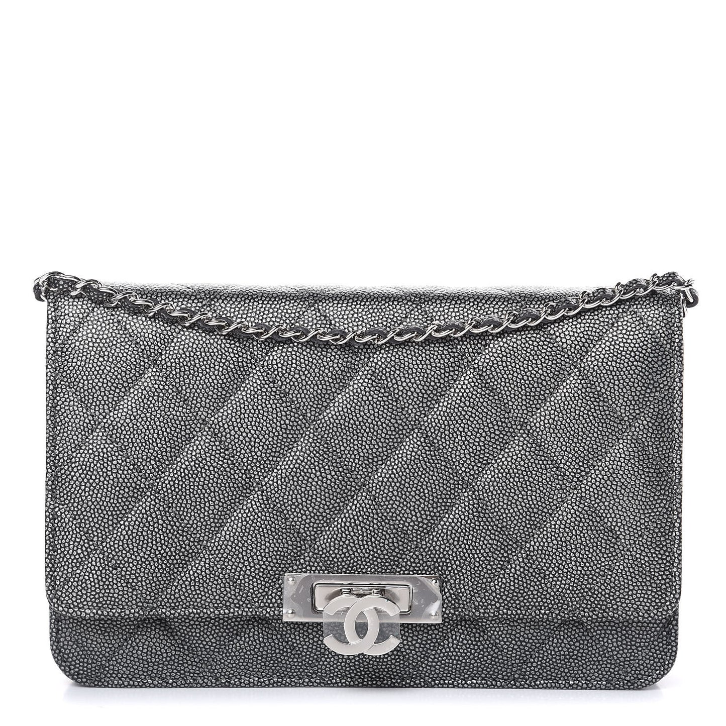 Metallic Caviar Quilted Golden Class Wallet On Chain WOC Dark Grey