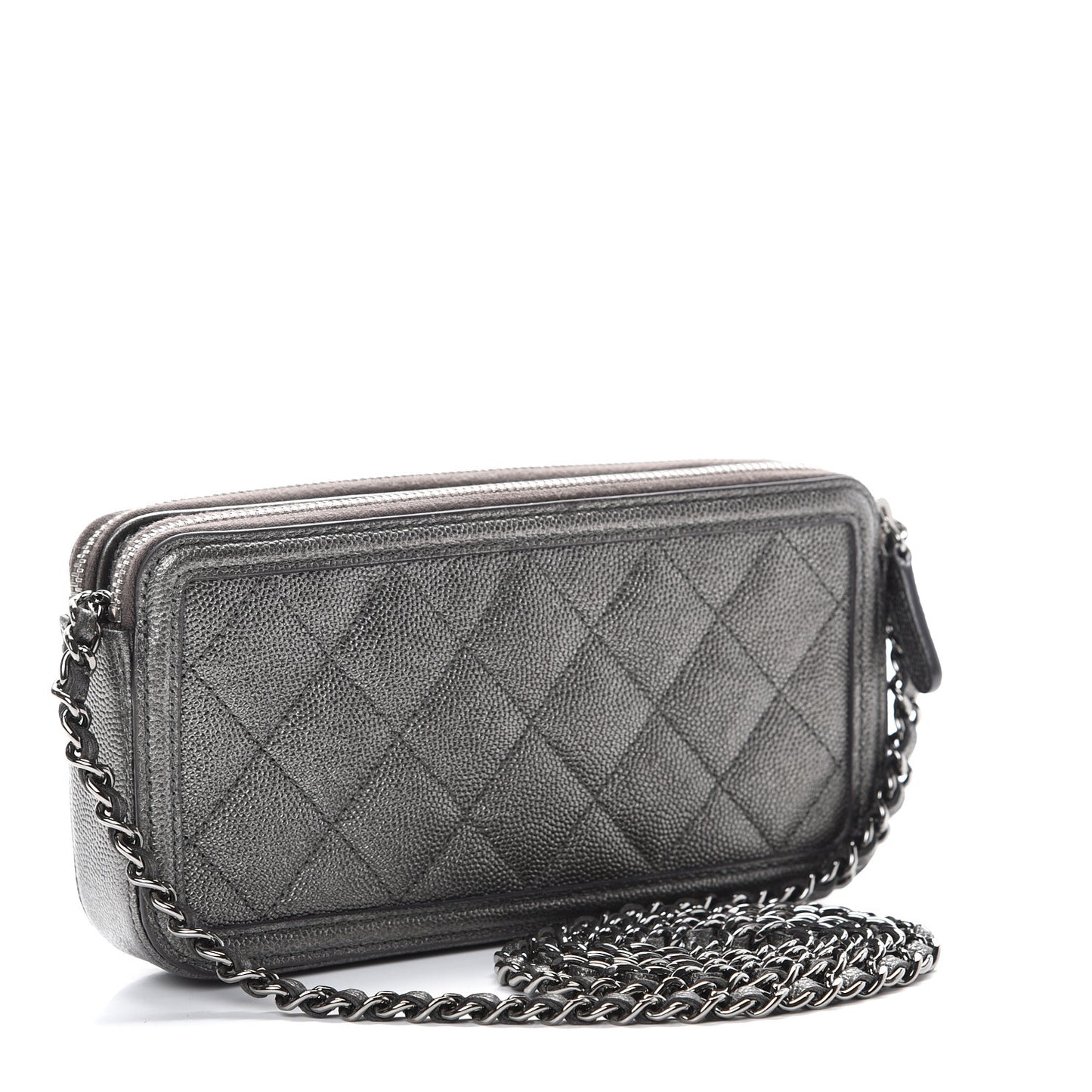 Metallic Caviar Quilted CC Filigree Clutch With Chain Dark Silver