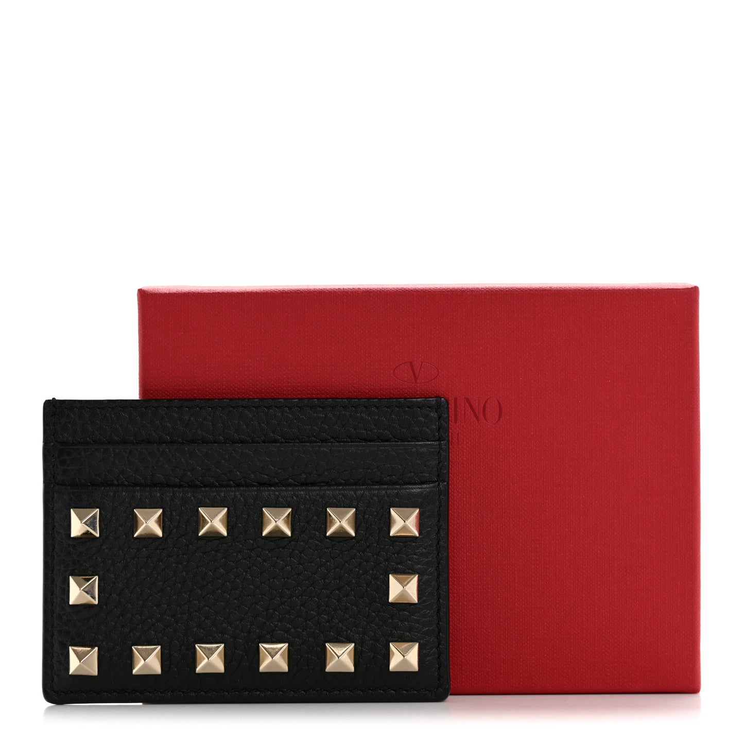 Pebbled Calfskin Rockstud Card Holder Black