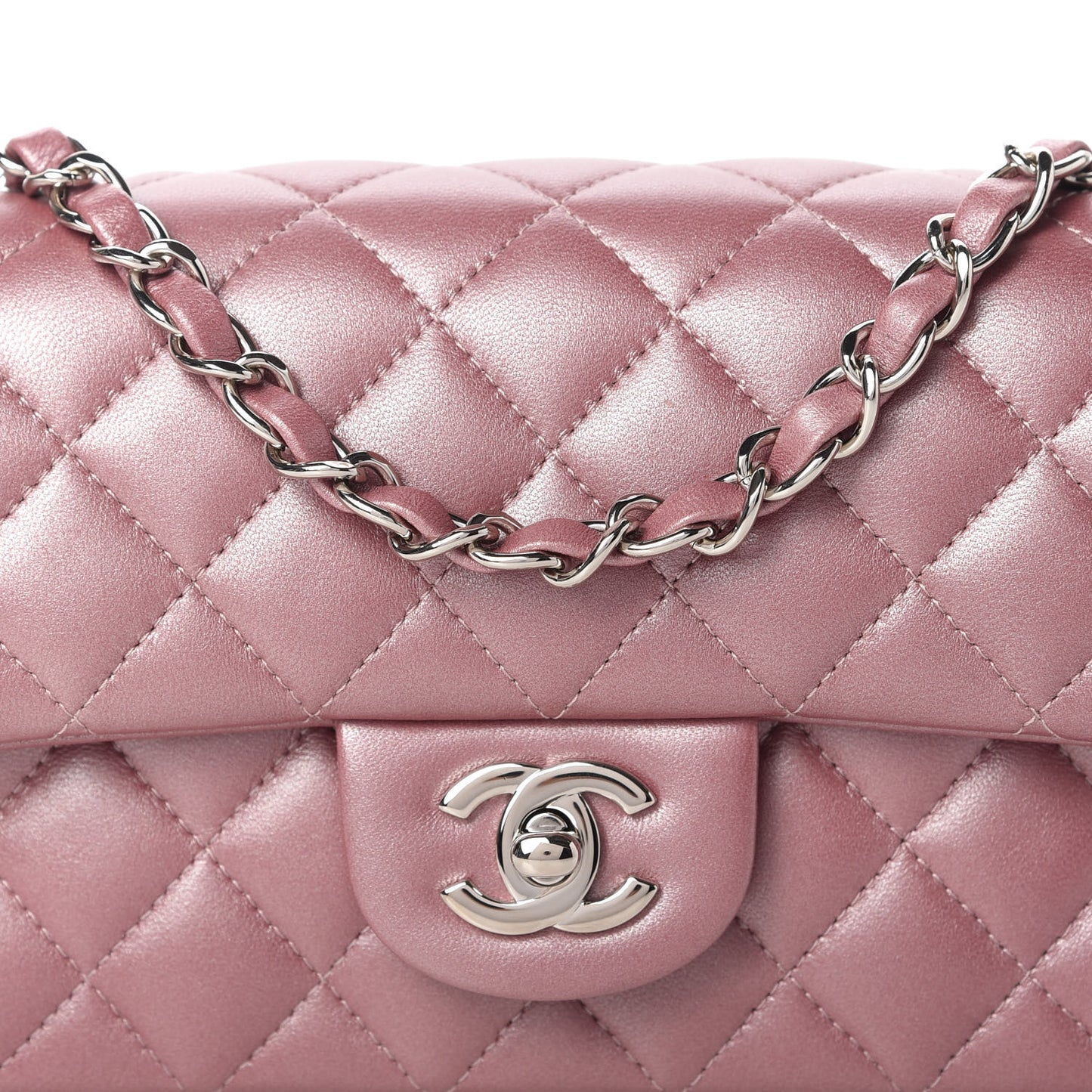 Metallic Lambskin Quilted Mini Rectangular Flap Pink