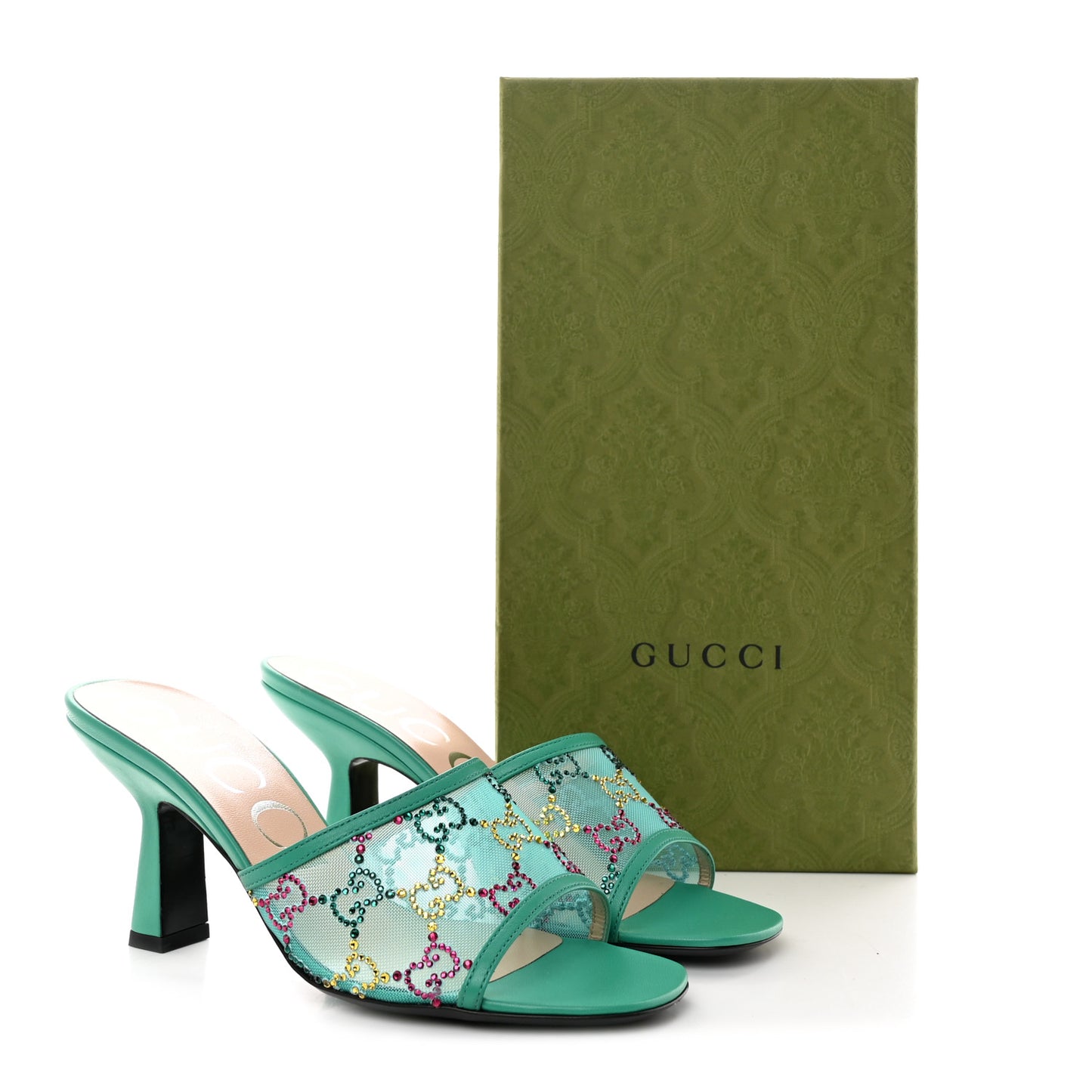 Tela Retino Nappa Crystal GG Monogram Square G 95mm Slide Sandals 37 Turquoise