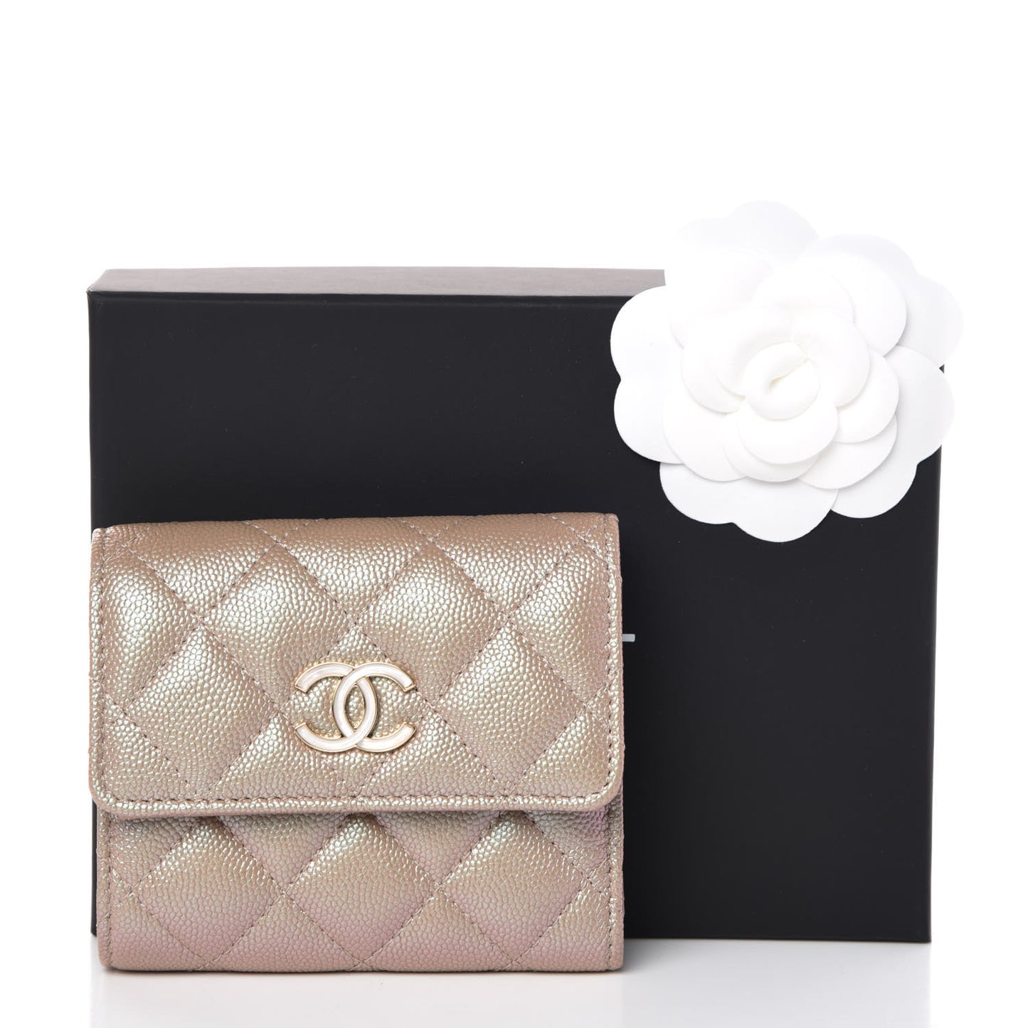 Iridescent Caviar Quilted Small Flap Wallet Beige