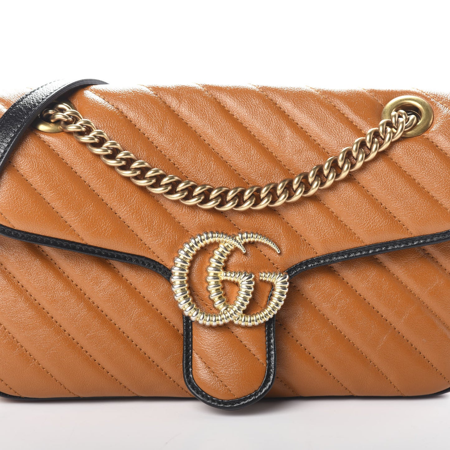 Vintage Effect Calfskin Matelasse Diagonal Small Torchon GG Marmont Shoulder Bag Cognac Black