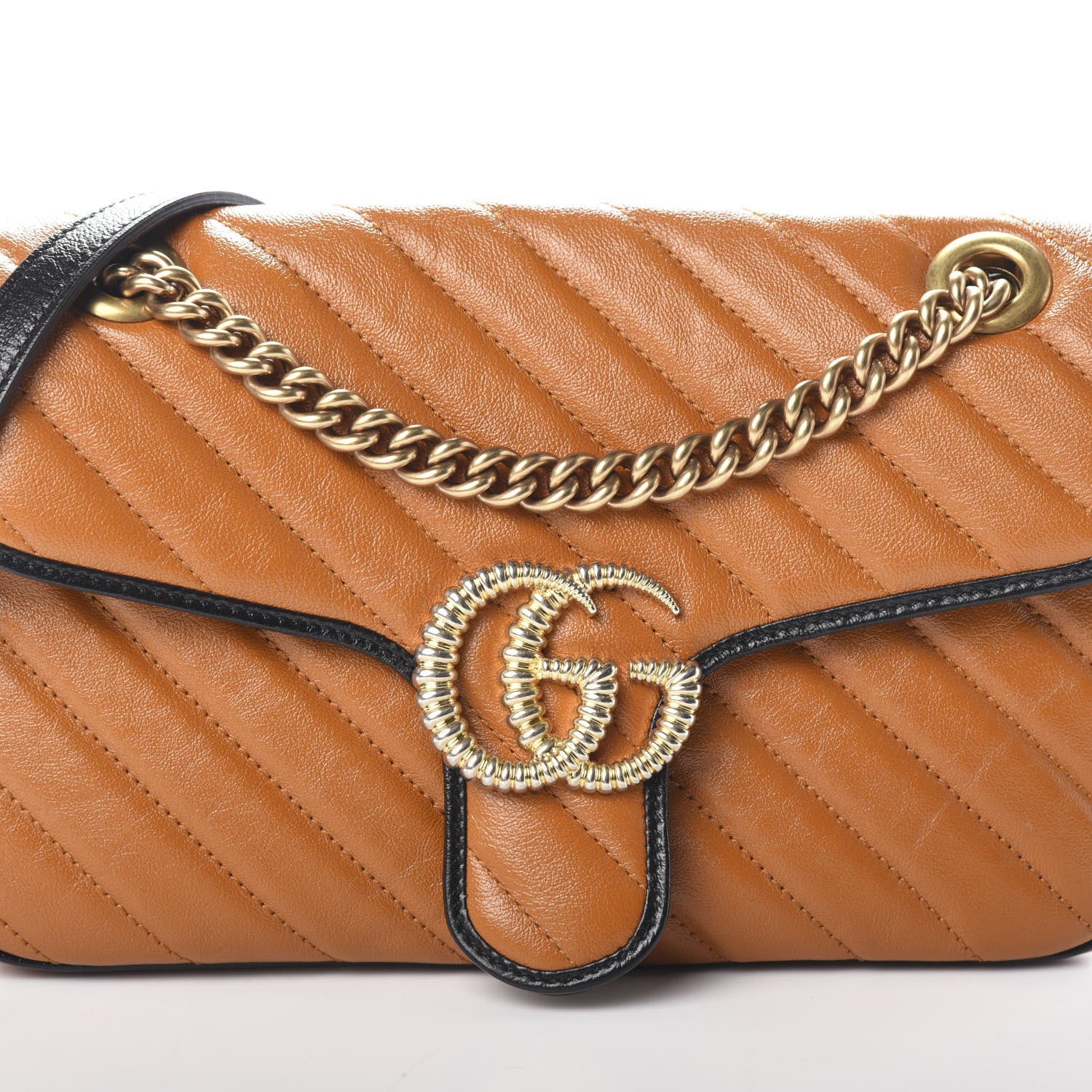 Gucci Vintage Effect Calfskin Matelasse Diagonal Small Torchon GG Marmont Shoulder Bag Cognac Black 7 of 9