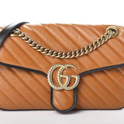 Gucci Vintage Effect Calfskin Matelasse Diagonal Small Torchon GG Marmont Shoulder Bag Cognac Black 7 of 9