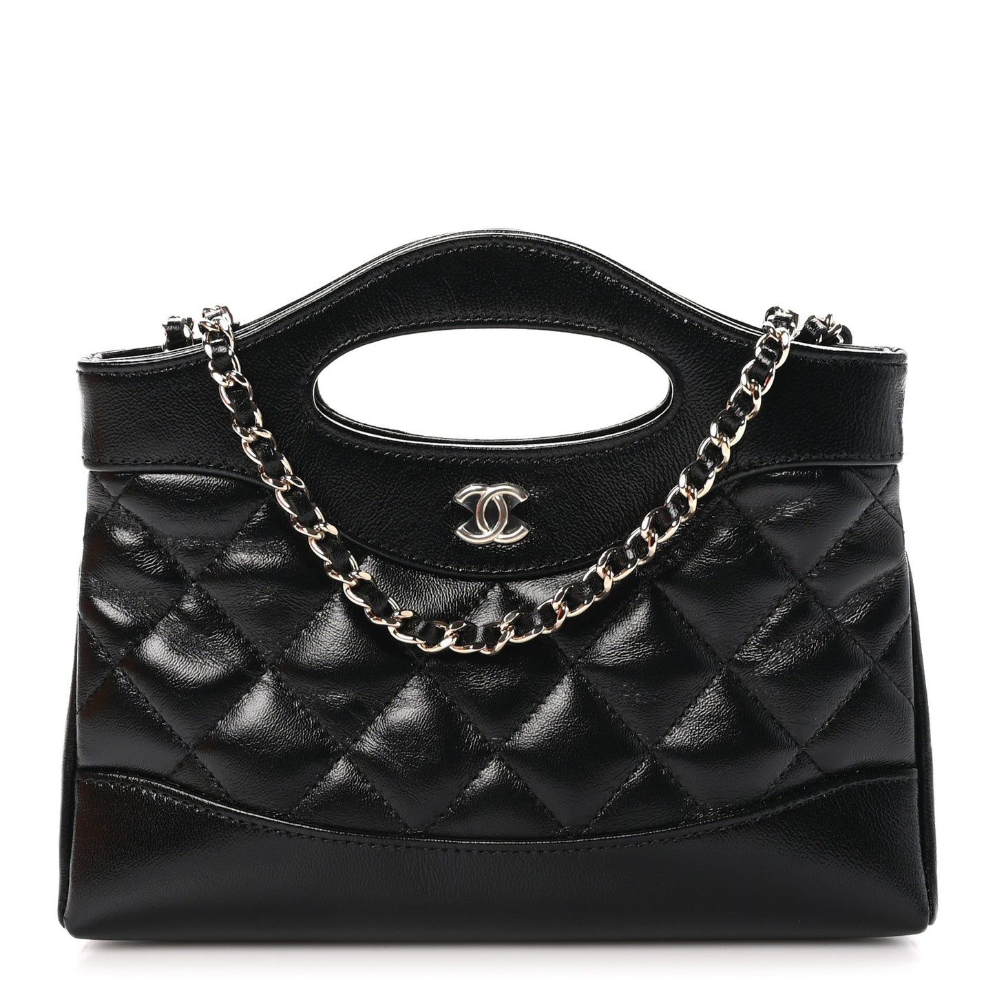 Shiny Crumpled Calfskin Quilted Nano 31 Shopping Bag Black