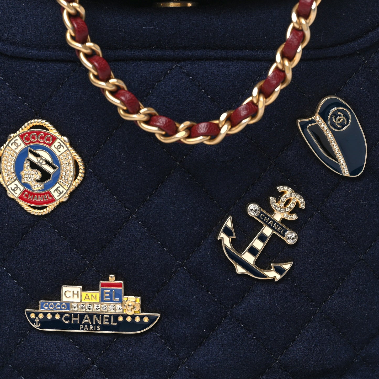 Wool Lambskin Quilted Paris Hamburg Charms Bucket Bag Dark Navy