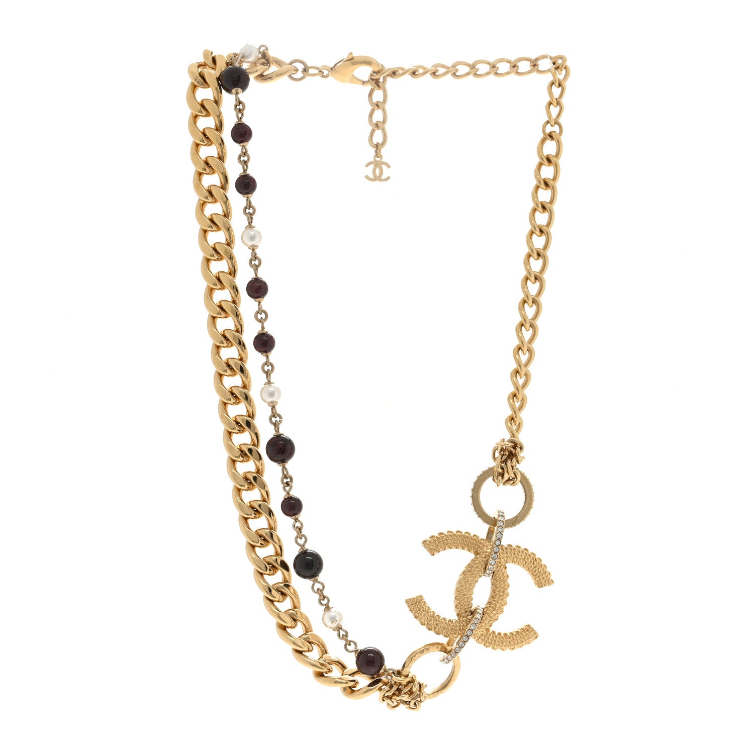 Chanel Crystal Pearl Beaded Metal Textured CC Chain Link Necklace Gold White Black 3 of 4