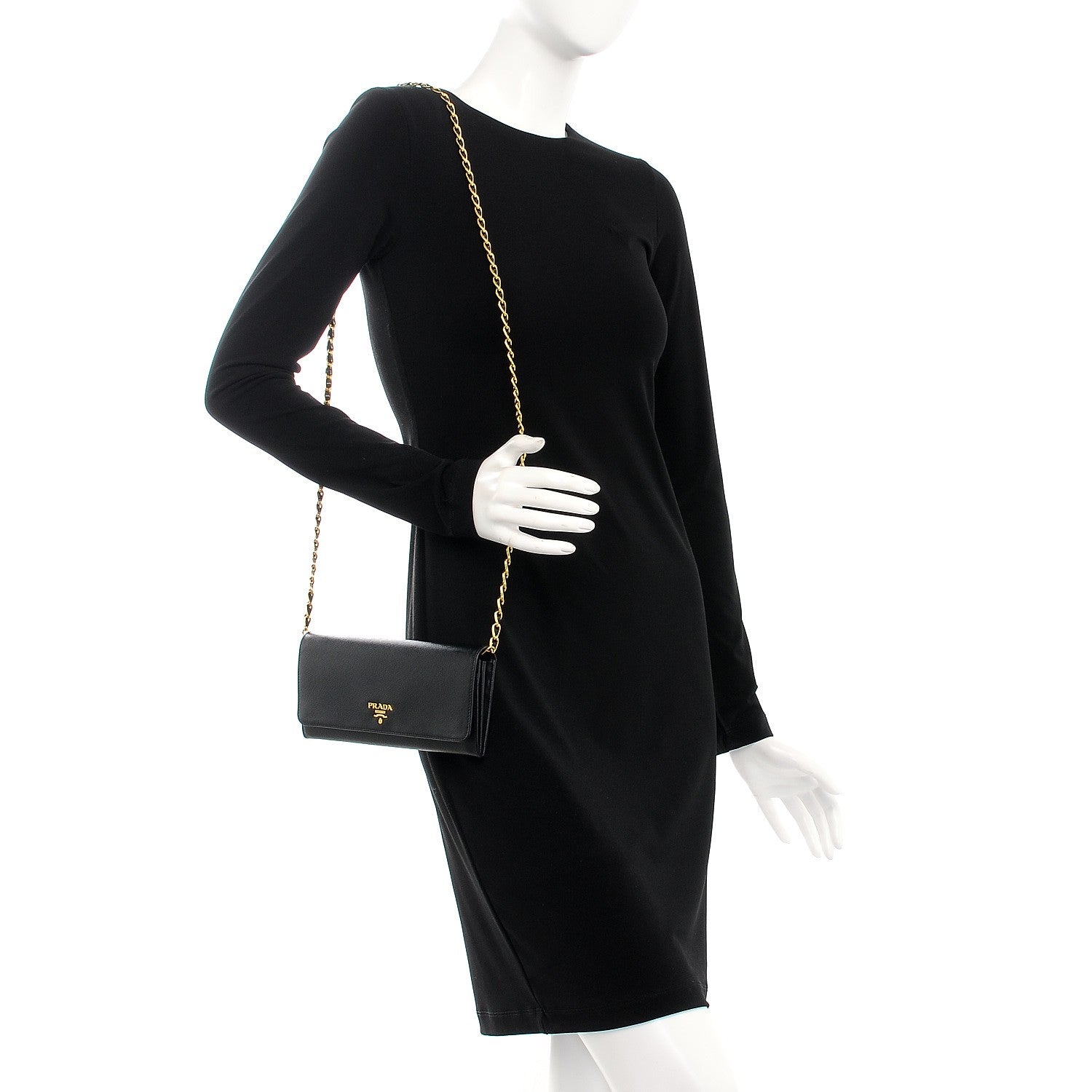Prada Saffiano Metal Oro Chain Wallet Nero Black 2 of 6