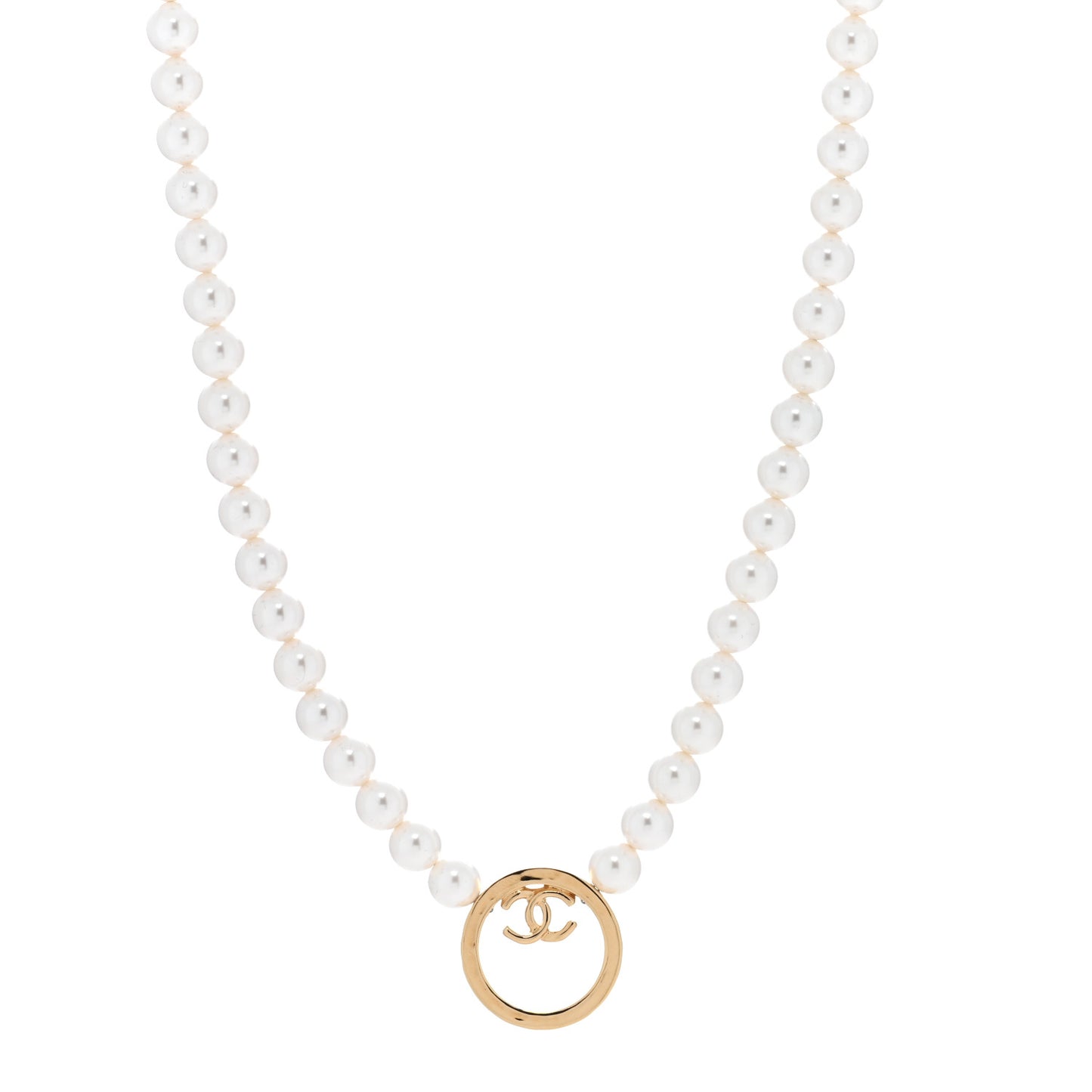 Pearl CC Round Long Necklace Gold White