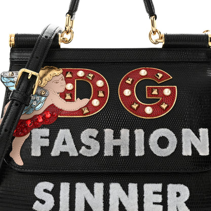 Dolce & Gabbana DOLCE & GABBANA Calfskin Iguana Embossed Studded Medium Fashion Sinner Patch Miss Sicily Satchel Black 7 of 10