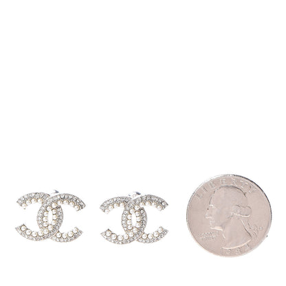 Chanel Pearl Crystal CC Snow Palace Earrings Silver 2 of 5