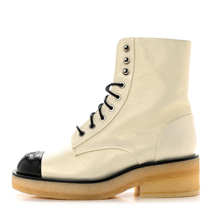 Chanel Pearlized Grained Calfskin Cap Toe Combat Boots 37 Ivory Black 1 of 7
