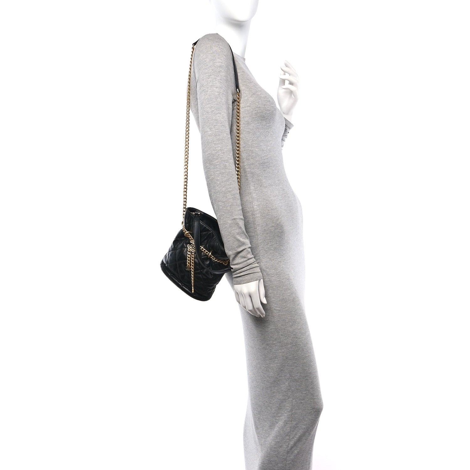 Chanel Lambskin Enamel Quilted Pending CC Bucket Drawstring Bag Black 2 of 10