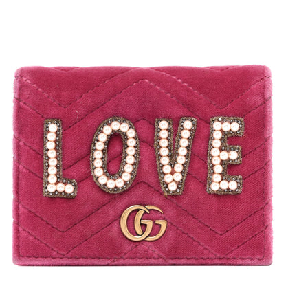 Gucci Velvet Matelasse Pearl Love Embroidered GG Marmont Card Case Wallet Light Raspberry Rose 1 of 11
