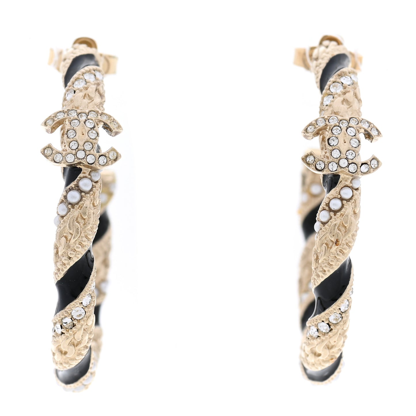 Crystal Pearl Twist CC Hoop Earrings Gold Black