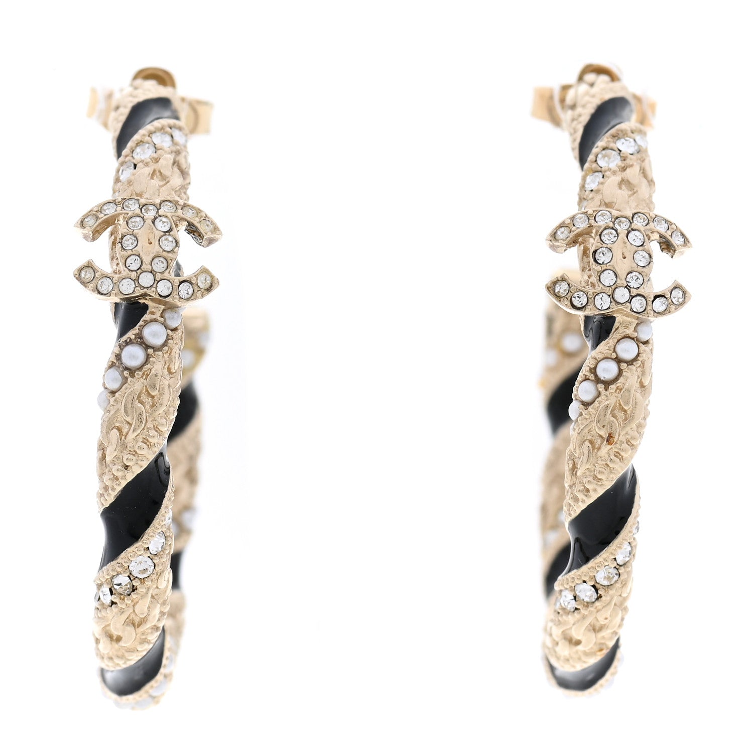 Chanel Crystal Pearl Twist CC Hoop Earrings Gold Black 1 of 4