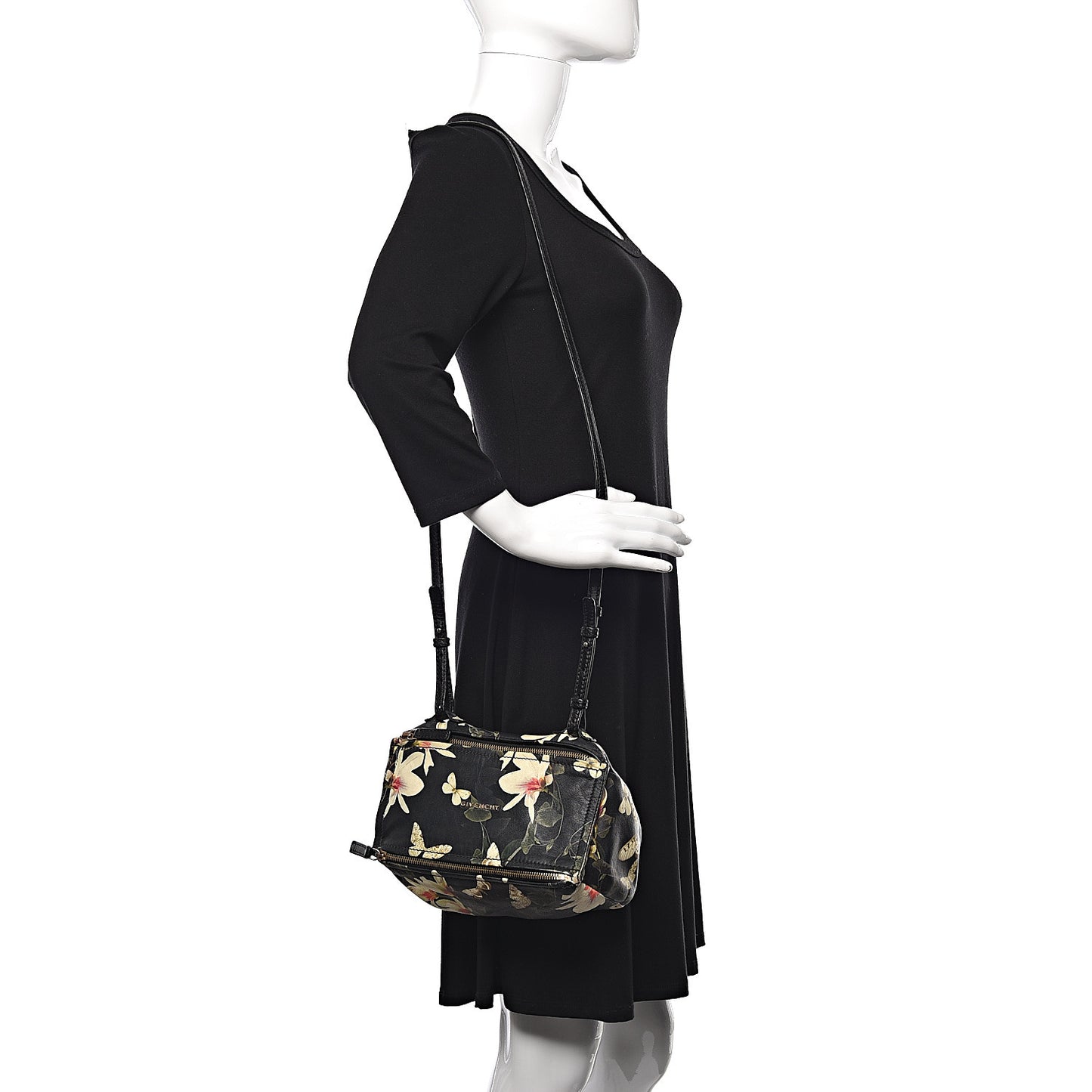 Lambskin Magnolia and Moth Print Mini Pandora Black