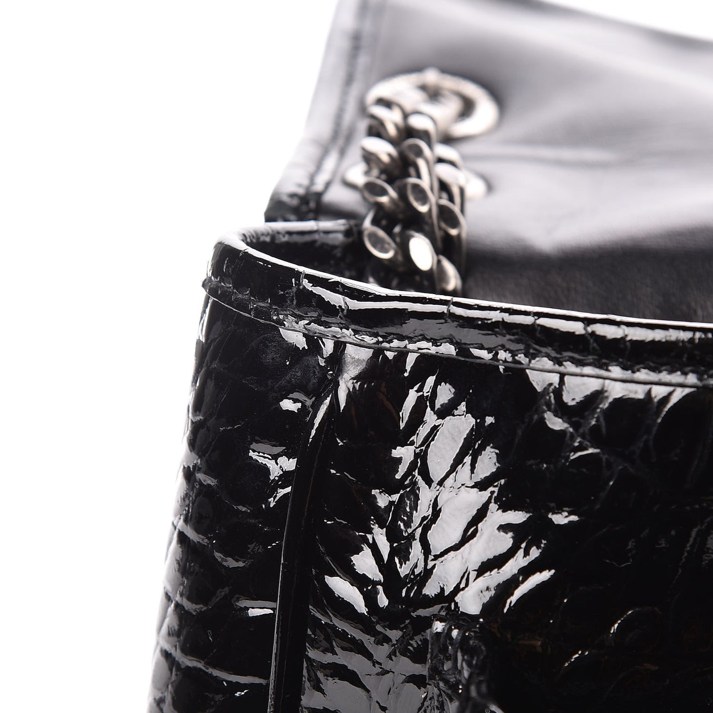 Patent Crocodile Embossed Lambskin Monogram Medium Niki Chain Satchel Black