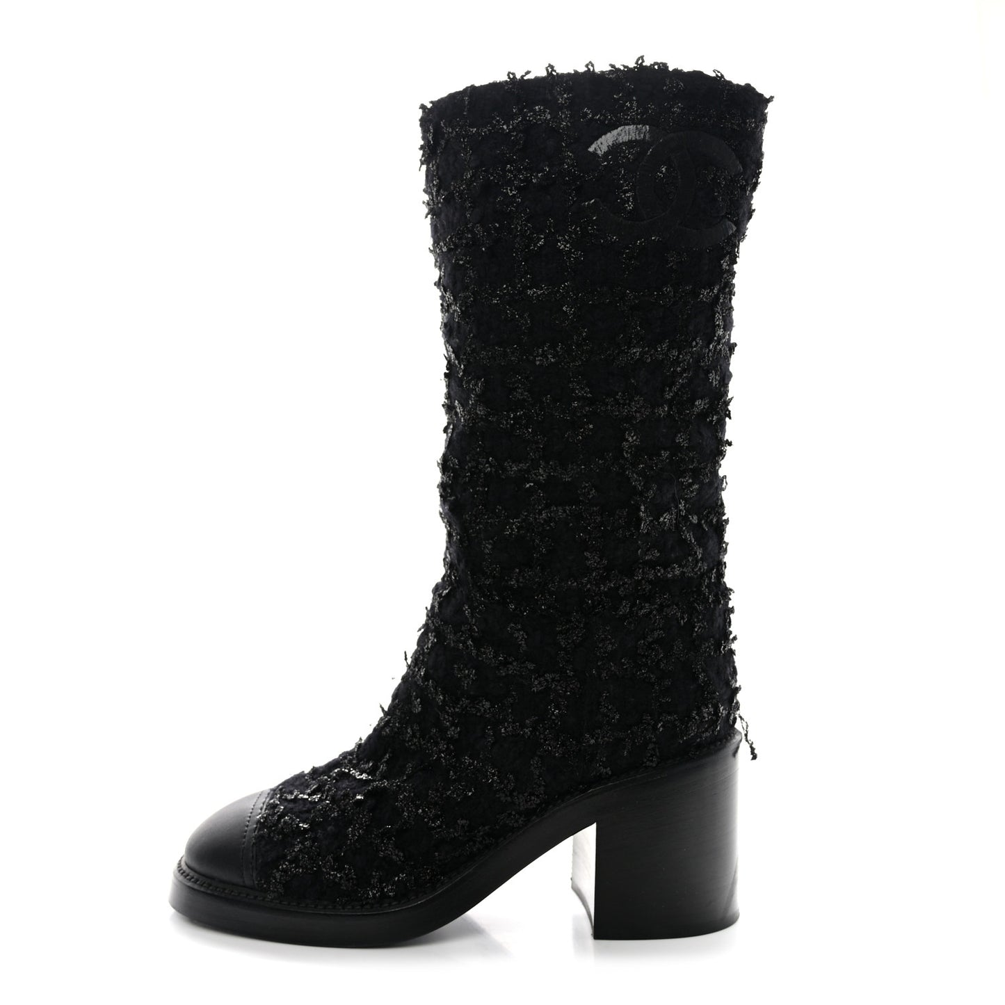Iridescent Wool Silk Tweed Calfskin CC Cap Toe High Boots 37 Black