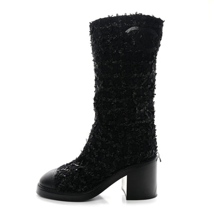 Chanel Iridescent Wool Silk Tweed Calfskin CC Cap Toe High Boots 37 Black 1 of 12