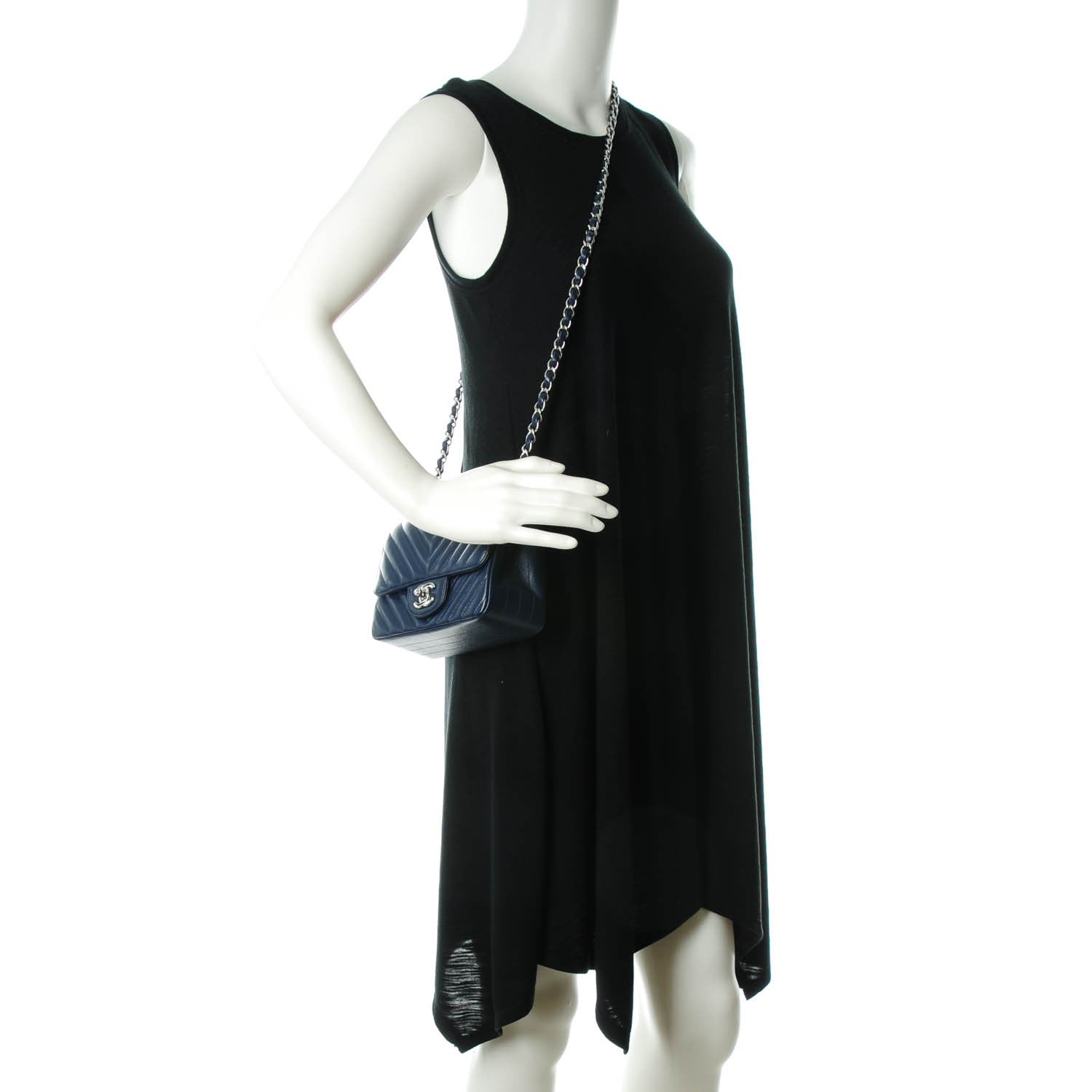 Chanel Caviar Chevron Quilted Mini Square Flap Navy Blue 2 of 8