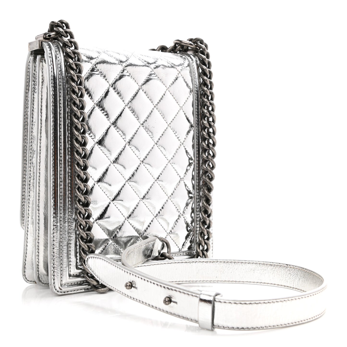 Metallic Goatskin Quilted North South Boy Flap Silver