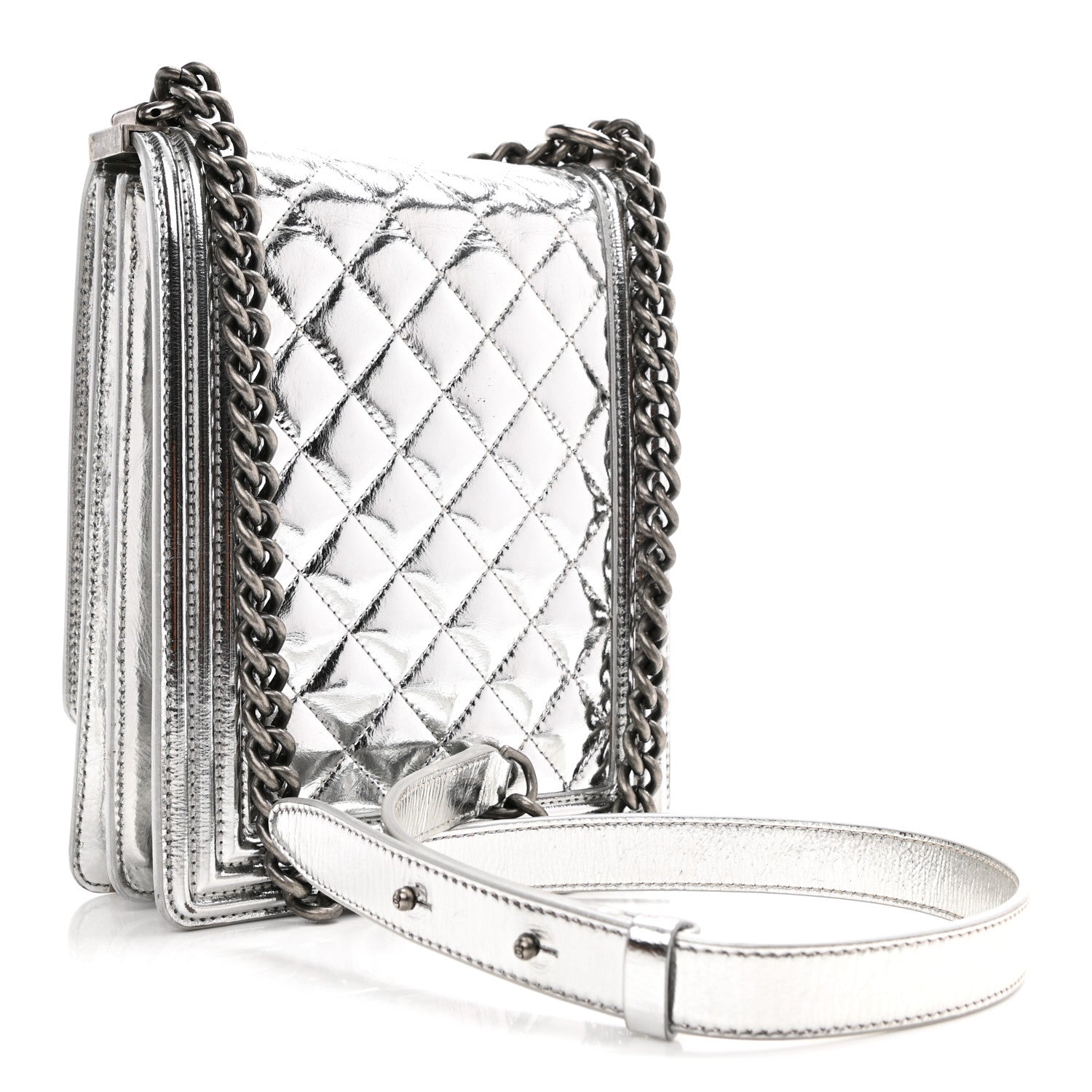 Chanel Metallic Goatskin Quilted North South Boy Flap Silver 4 of 17