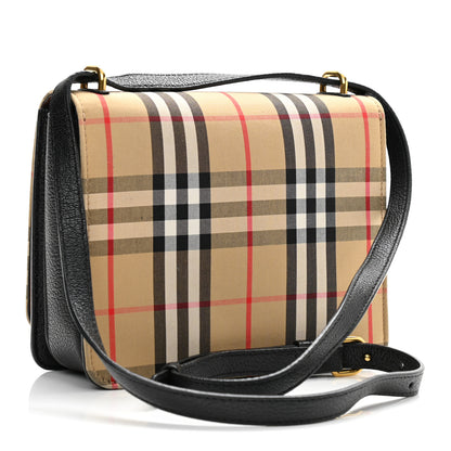 Burberry Goatskin Cotton Canvas Vintage Check Small D-Ring Bag Black Antique Yellow 3 of 13