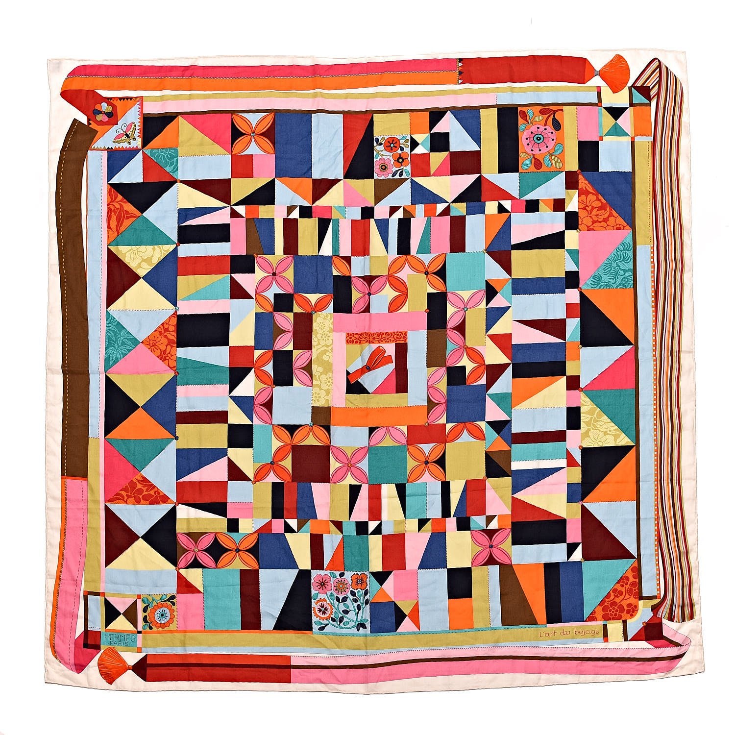 Hermes Cashmere Silk L'Art du Bojagi Shawl 140 Blanc Turquoise Orange 1 of 6