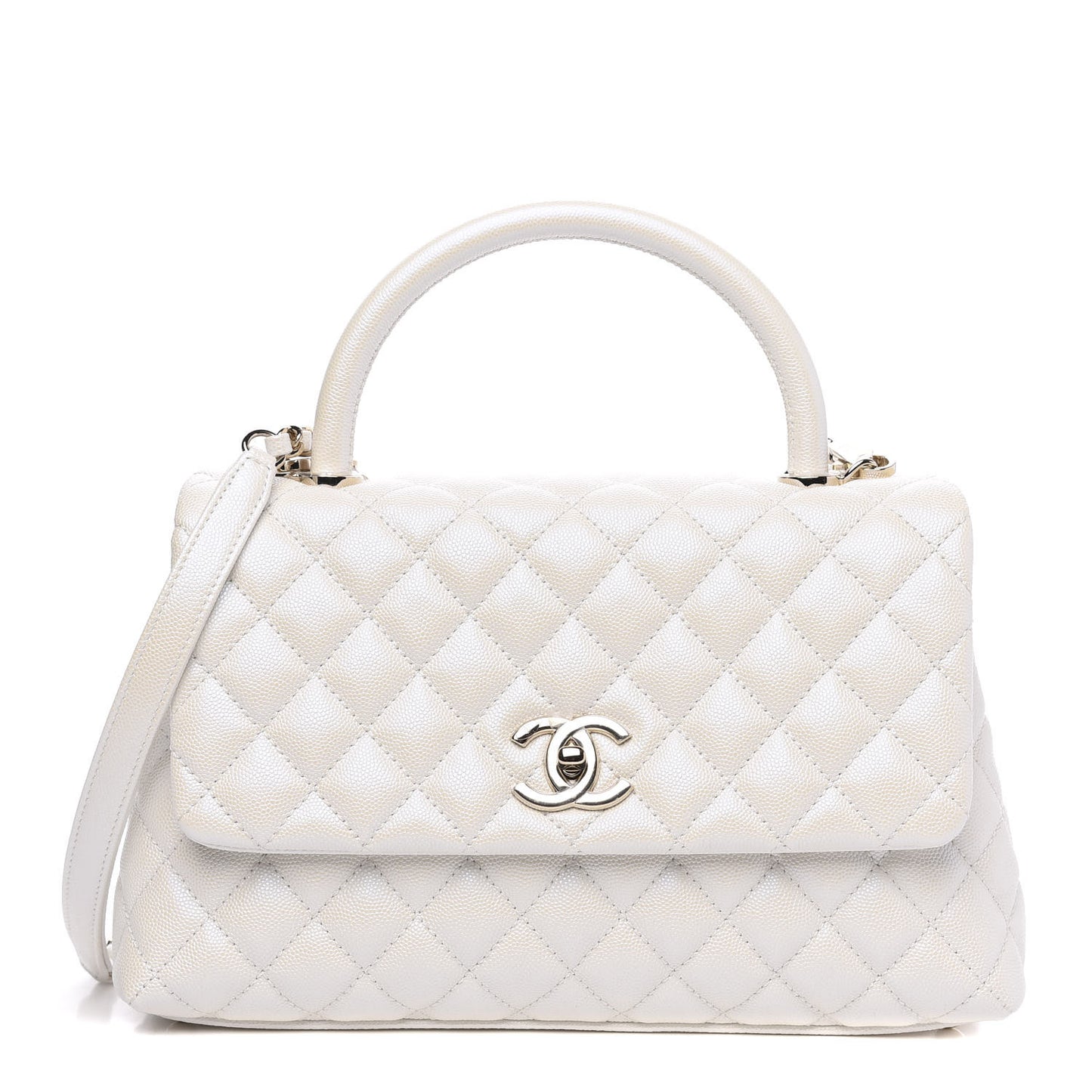 Iridescent Caviar Quilted Small Coco Handle Flap White
