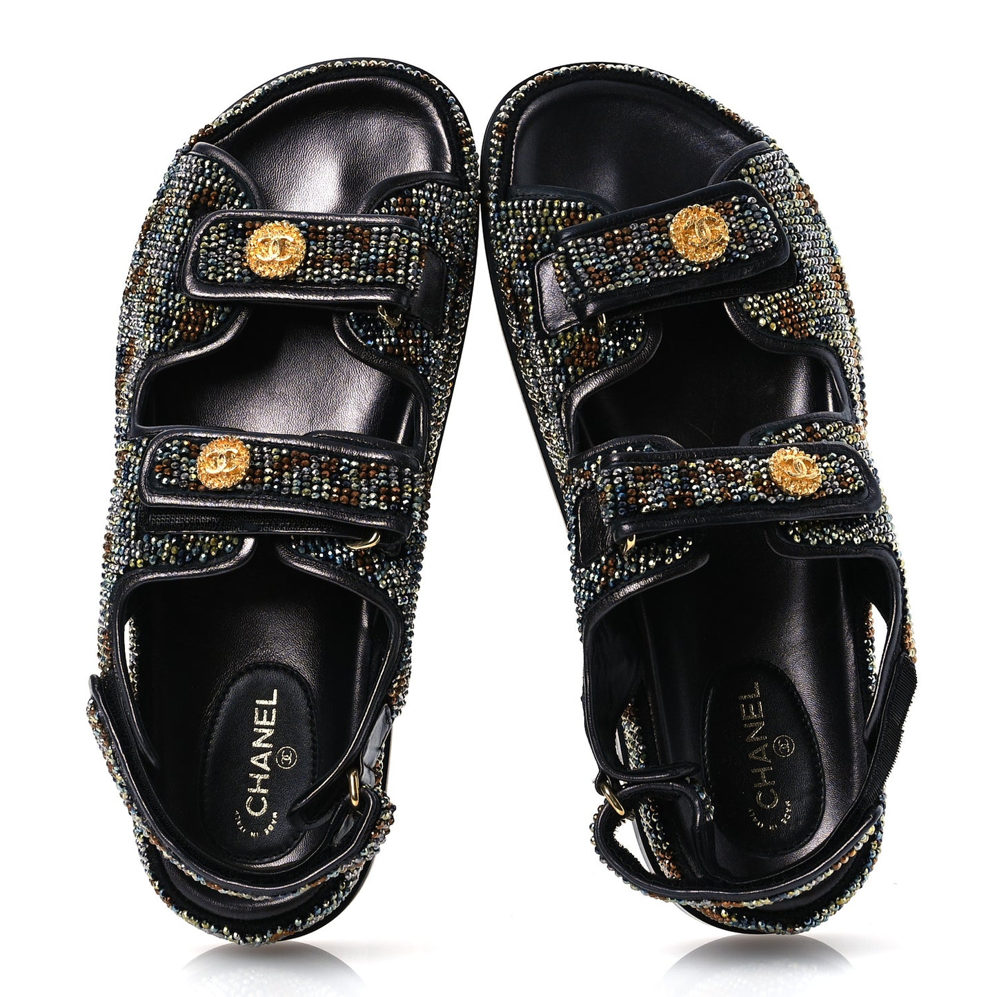 Grained Calfskin Crystal Velcro Dad Sandals 40 Black Multicolor
