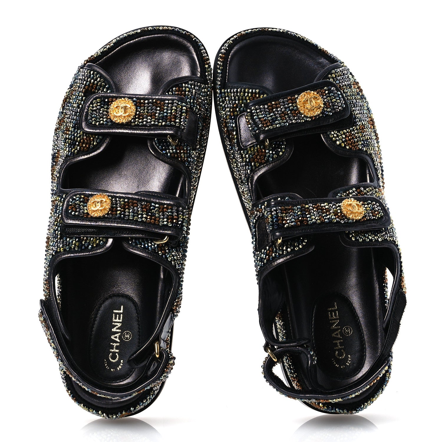 Chanel Grained Calfskin Crystal Velcro Dad Sandals 40 Black Multicolor 3 of 26