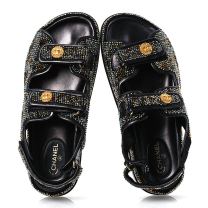 Chanel Grained Calfskin Crystal Velcro Dad Sandals 40 Black Multicolor 3 of 26