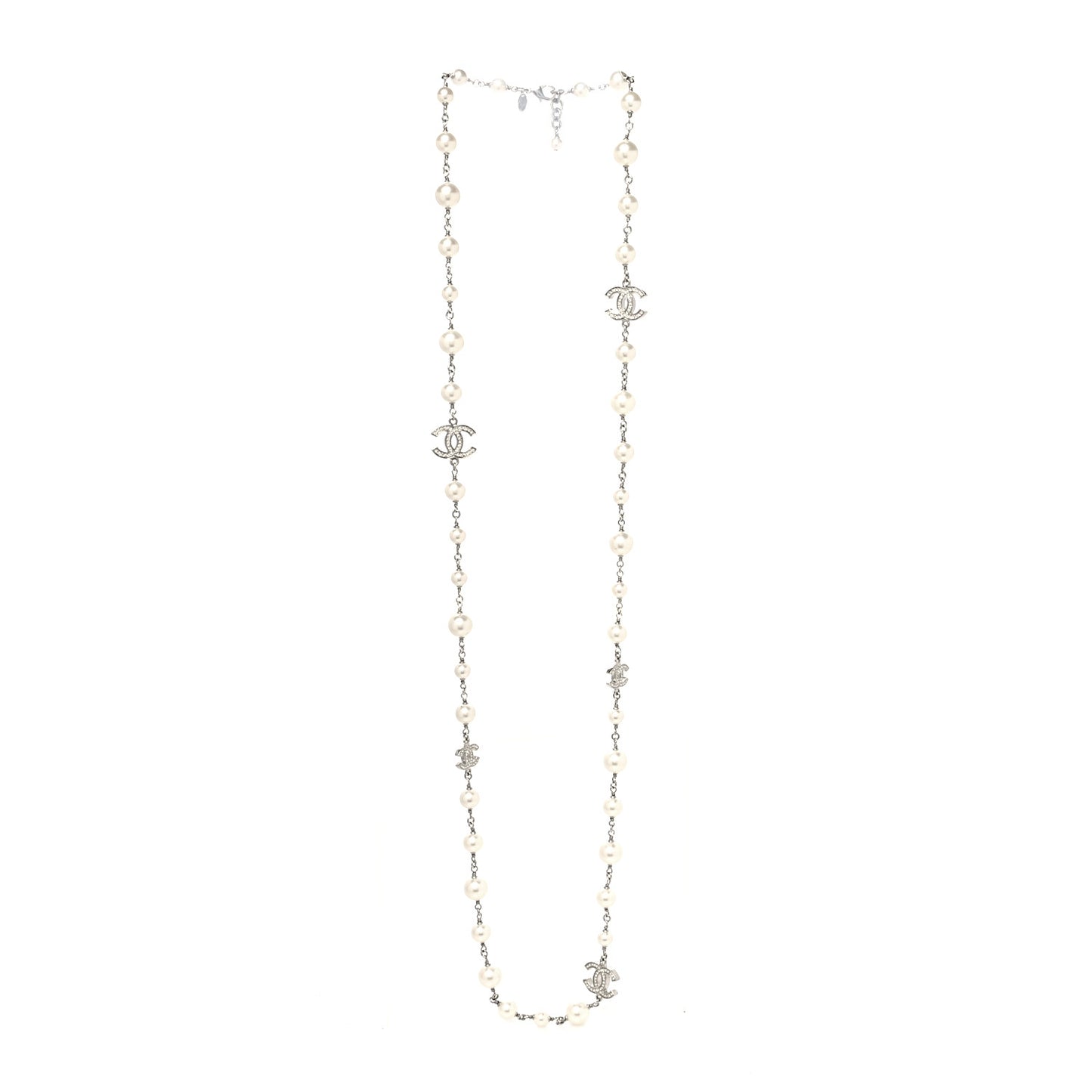 Graduated Pearl Crystal CC Long Necklace Silver