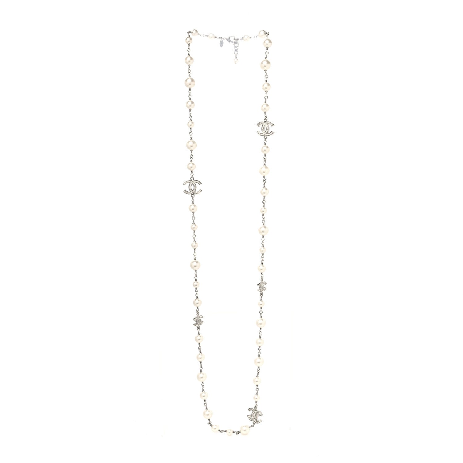 Chanel Graduated Pearl Crystal CC Long Necklace Silver 3 of 5