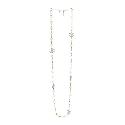 Chanel Graduated Pearl Crystal CC Long Necklace Silver 3 of 5