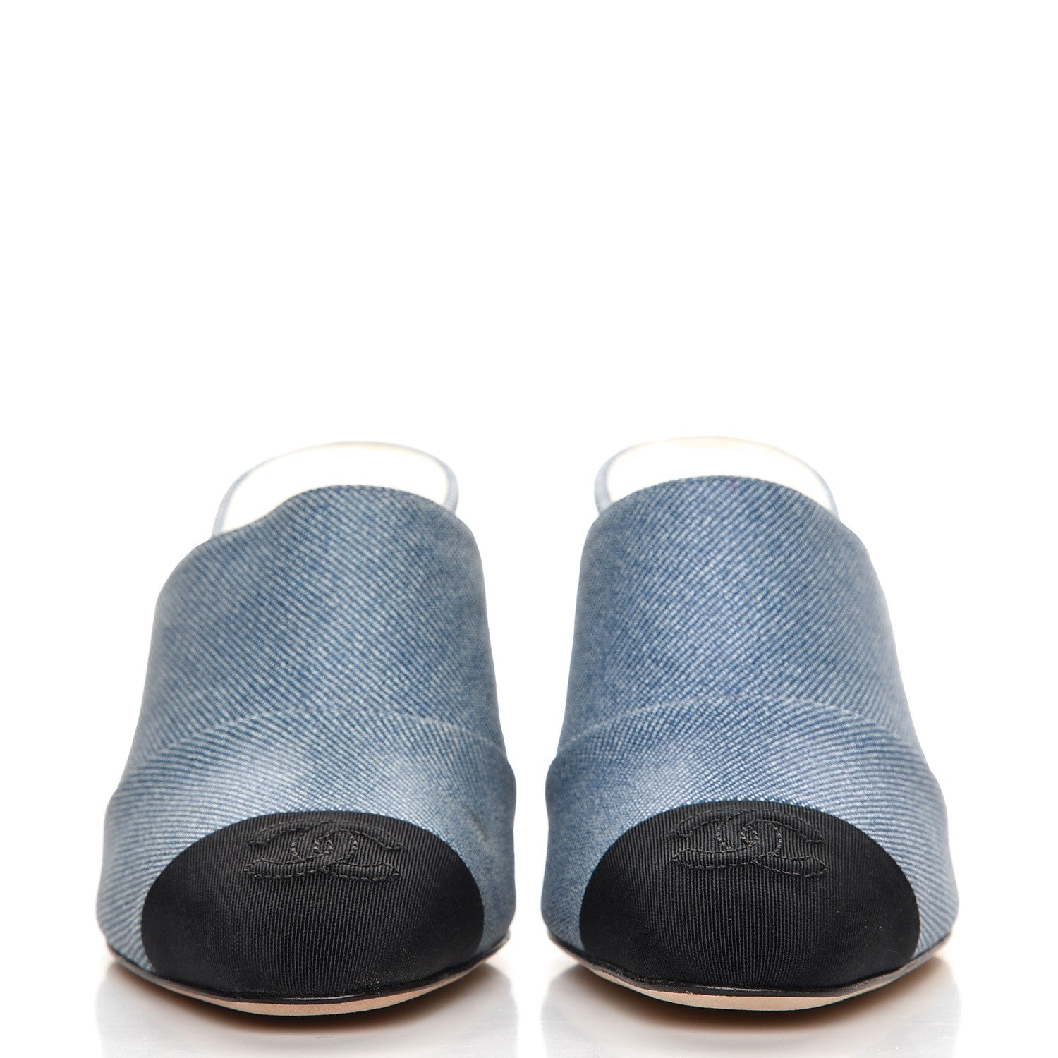 Chanel Printed Lambskin Grosgrain Cap Toe CC Mules 35 Blue Black 2 of 10