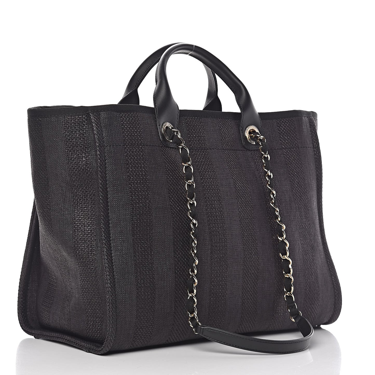 Straw Raffia Calfskin Striped Large Deauville Tote Black