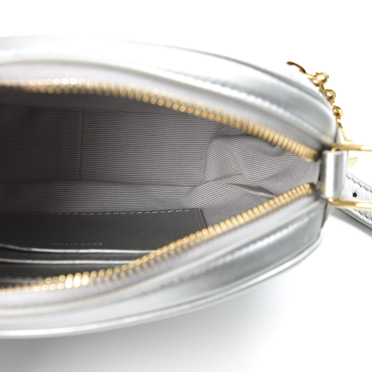 Laminated Calfskin Quilted Small C Charm Bag Silver